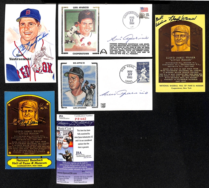 Lot of (5) Autographed Baseball Hall of Fame Plaque and Post Cards w. Carl  Yastrzemski (JSA Auction Letter)