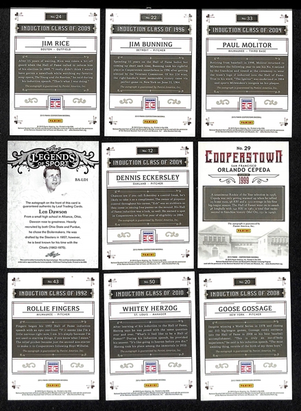Lot of (9) Mostly 2015 Panini Cooperstown Induction Autographed Cards w. Jim Rice, Jim Bunning, Paul Molitor, and Others