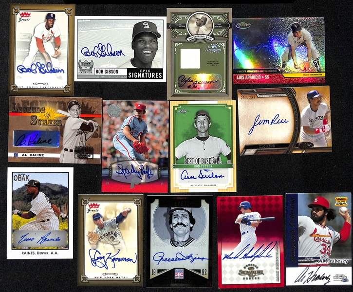 Lot of (24) Autographed Baseball Cards w. Bob Gibson, Andre Dawson, Luis Aparicio, Al Kaline and Others