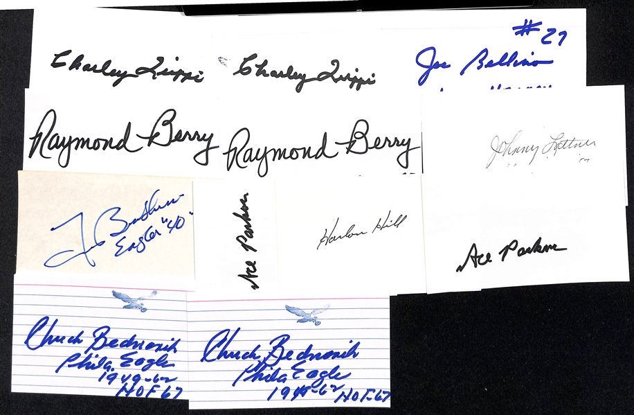 Lot of (135+) Autographed Football Mostly Index cards w. Charley Trippi, Chuck Bednarik, Len Dawson and Others (JSA Auction Letter)