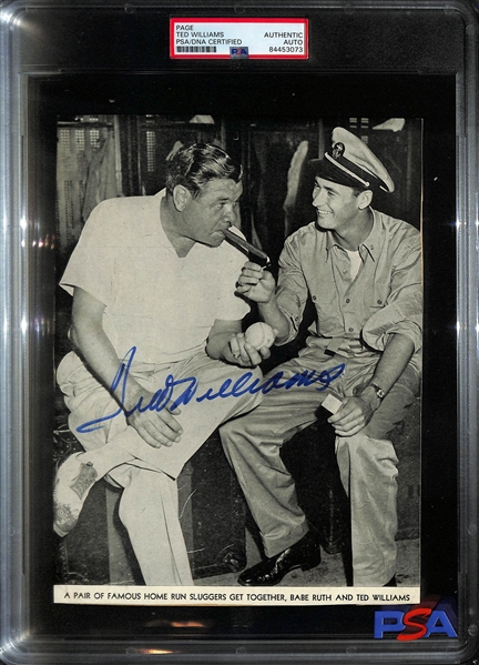 Signed Ted Williams Vintage Magazine Page - PSA/DNA (Great Image of Williams with Babe Ruth)