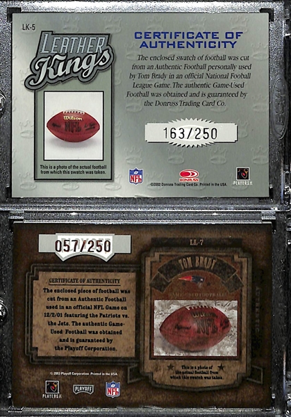 (2) Tom Brady Game-Used Football Relic Cards (2002 Donruss Leather Kings #163/250; and 2003 Playoff Hogg Heaven Leather in Leather #57/250)