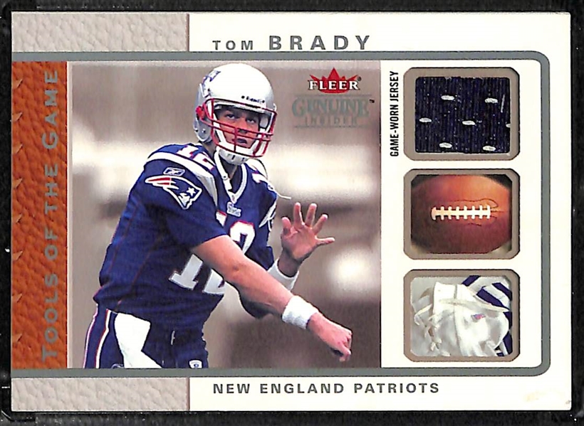 (3) 2003 Tom Brady Jersey Relic Cards (Hogg Heaven Game-Used Jersey #/75; Fleer Genuine Game-Used Jersey #/199; & an Upper Deck Standing O Event-Worn Jersey) 
