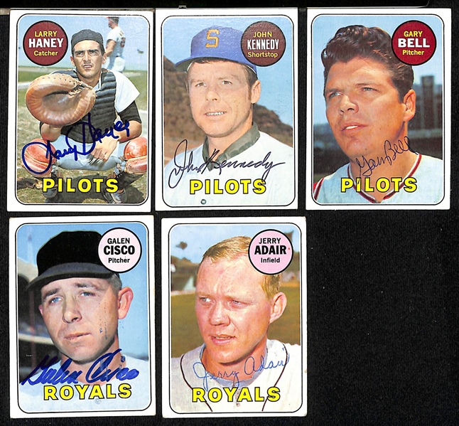 Lot of (24) 1969 Topps Autographed Cards Mostly 1st Year MLB Teams w. Expos, Pilots, and Royals (JSA Auction Letter)