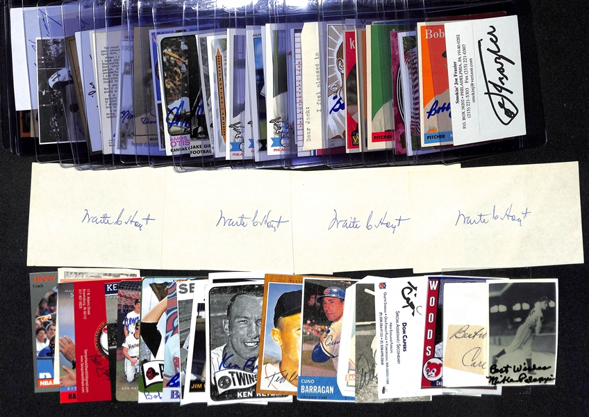Lot of (60+) Mostly Baseball Autographed Cards, Cuts, and Other Items w. Joe Frazier and Bobby Doerr (JSA Auction Letter)
