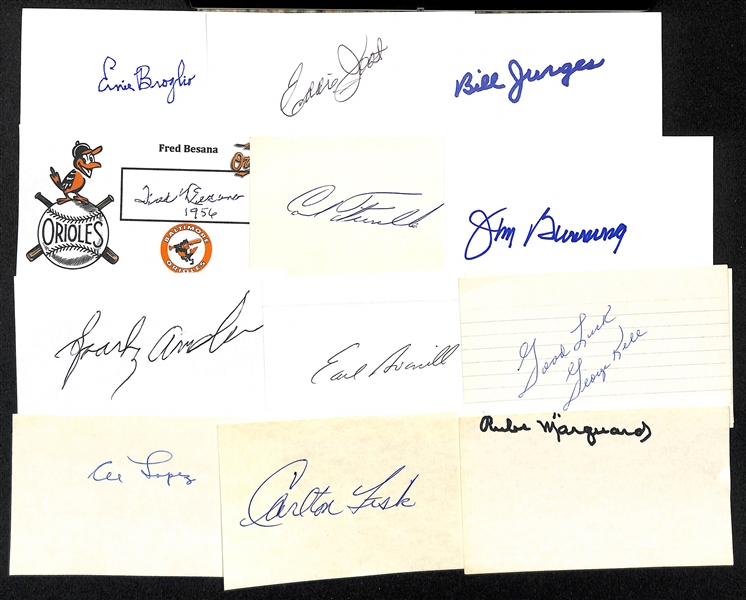 Lot of (100+) Baseball Autographed Index Cards w. Carlton Fisk, George Kell, Earl Avarill, and Others (JSA Auction Letter)