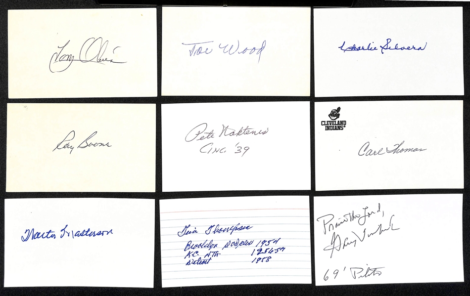 Lot of (150+) Baseball Autographed Index Cards w. Tony Oliva, Smokey Joe Wood, Charlie Silvera, and Many More (JSA Auction Letter)