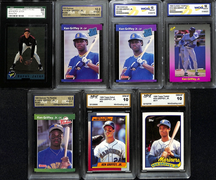 32-Card Slabbed Baseballl Card Lot w. SGC 10 1992 Classics Draft Jeter Foil Rookie, (7) Griffey Jr. Rookies, 1994 SP Alex Rodriguez Rookie, +