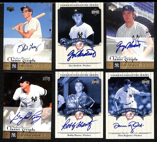Lot of (19) Mostly Upper Deck Autographed Yankees Baseball Cards w. Reggie Jackson, Whitey Ford, Joe Torre, Dave Winfield, Phil Rizzuto, and Others