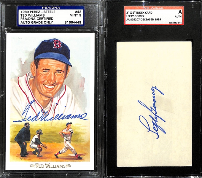 Lot of (6) Mostly PSA/DNA Authentic Baseball Autographed Cards and Index Cards w. Ted Williams (PSA 9 Auto!), Joe Cronin, Lefty Gomez, and Others