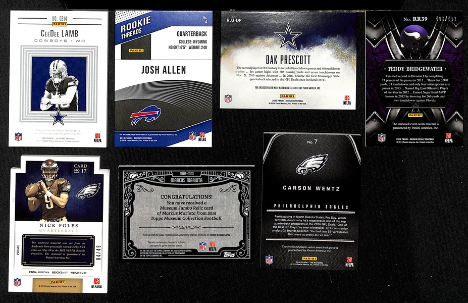 Lot of (35+) NFL Patch Insert Cards w. Dak Prescott & Josh Allen Rookie Patches, and Others