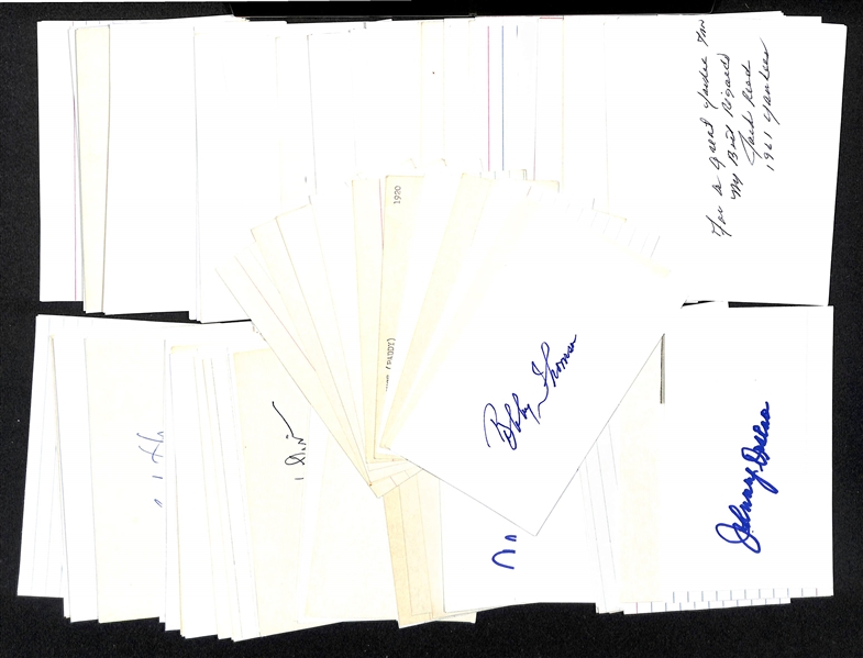Lot of (180+) Signed Vintage Index Cards w. Bobby Thomson, Don Larsen, Jack McKeon, Carl Hubbell, Joe Wood, Ted Kluszewski, + (JSA Auction Letter)