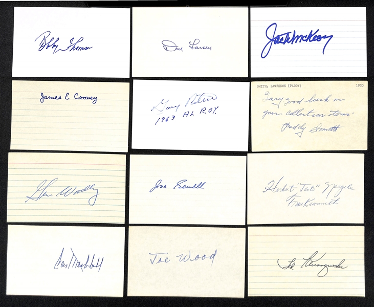 Lot of (180+) Signed Vintage Index Cards w. Bobby Thomson, Don Larsen, Jack McKeon, Carl Hubbell, Joe Wood, Ted Kluszewski, + (JSA Auction Letter)