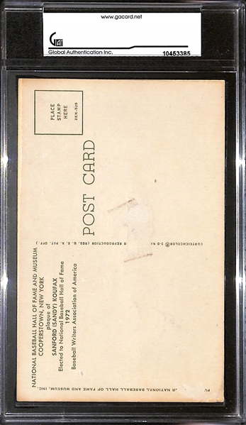 Sandy Koufax HOF Postcard GAI Certified (Also Comes w. JSA Auction Letter)