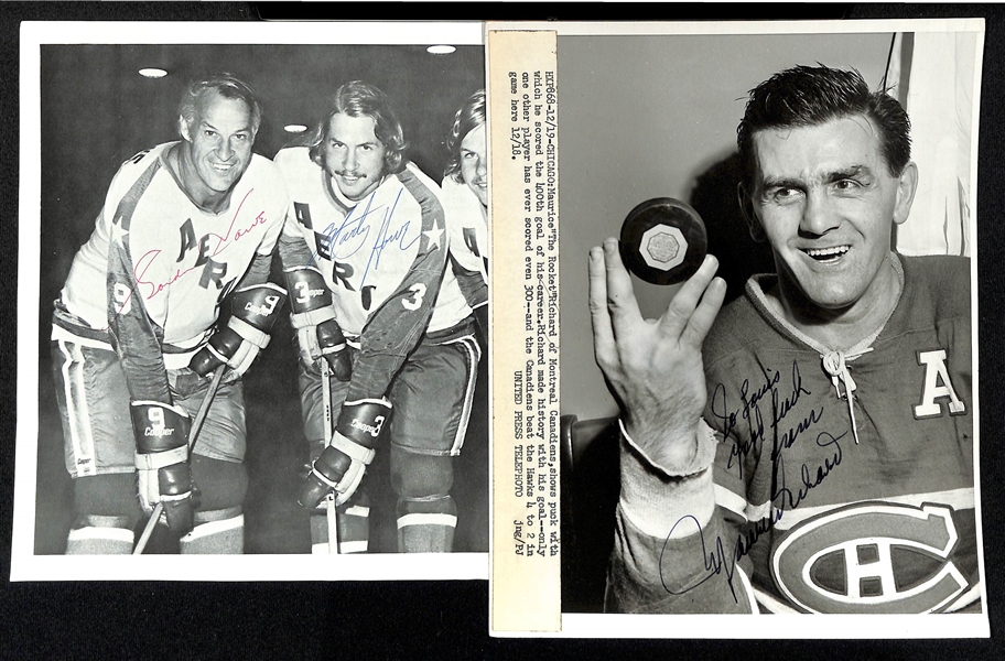 Lot of (2) Hockey Signed Photos  -  Maurice The Rocket Richard & Gordie Howe/Marty Howe/Mark Howe (JSA Auction Letter)