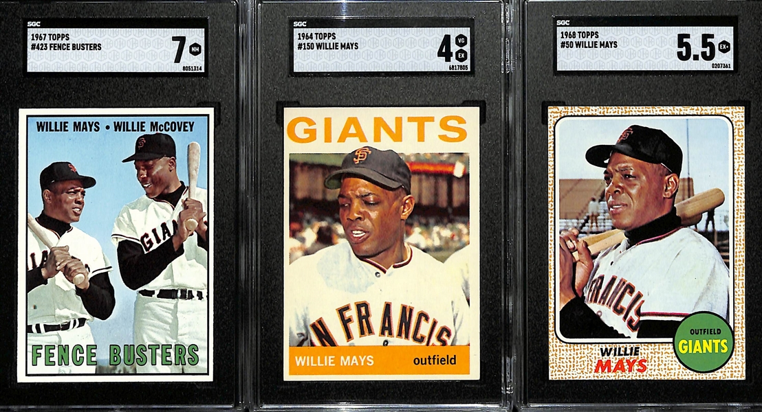 Willie Mays Graded Lot - 1967 Topps Fence Busters #423 (SGC 7), 1964 Topps #150 (SGC 4), 1968 Topps #50 (SGC 5.5)
