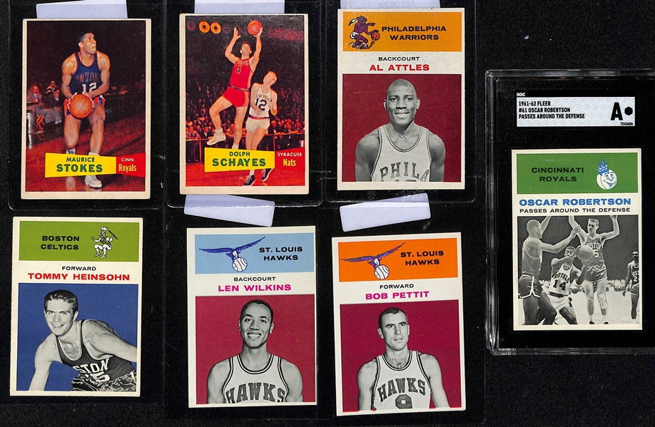 Lot of (2) 1957 Topps Basketball w. Maurice Stokes RC & (32) 1961 Fleer Basketball w. Robertson SGC Auth