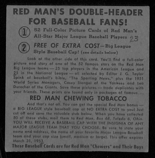 1953 Red Man Tobacco Ted Williams Baseball Card (No Tab)
