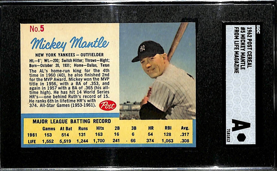 1962 Post Cereal Mickey Mantle #5 (Life Magazine Back) Graded SGC Authentic
