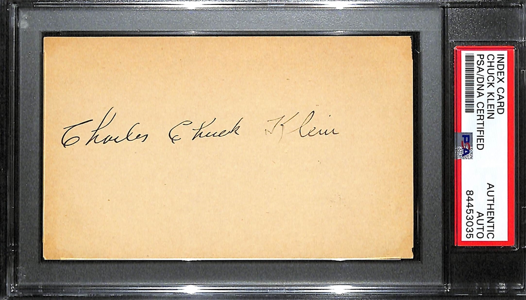 Rare Charles Chuck Klein Signed 3x5 Index Card - PSA/DNA Slabbed