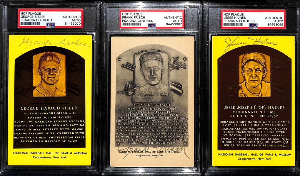 (3) Signed Baseball HOF Plaque Cards - George Sisler, Frankie Frisch B&W), & Jesse Haines (Each is PSA/DNA Slabbed)