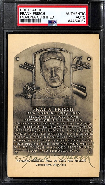 (3) Signed Baseball HOF Plaque Cards - George Sisler, Frankie Frisch B&W), & Jesse Haines (Each is PSA/DNA Slabbed)