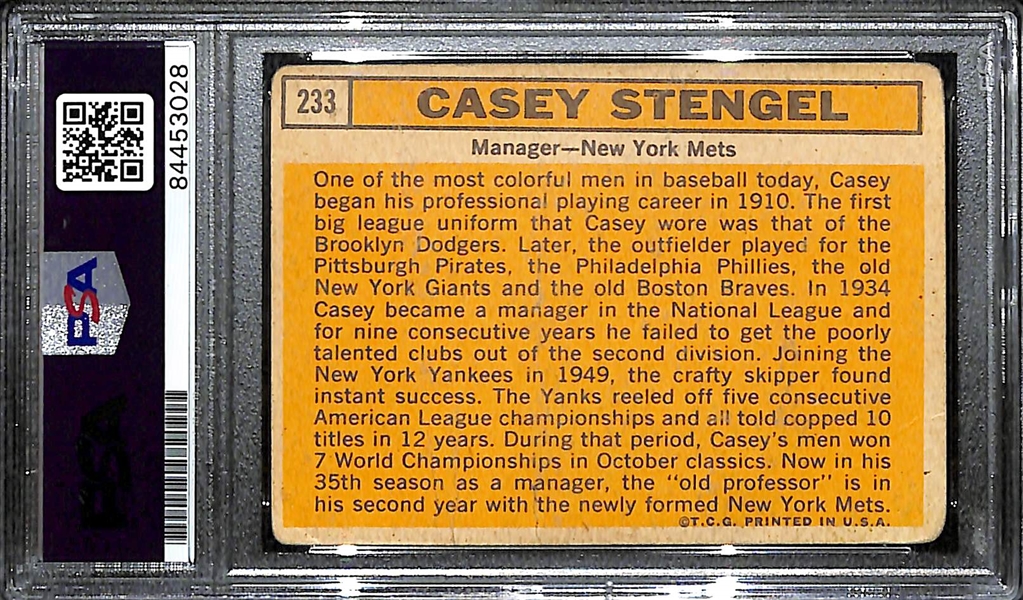 1963 Topps Casey Stengel Signed Baseball Card (PSA/DNA Slabbed) - Mets Manager Card #233