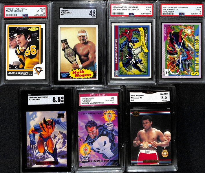 Lot of (7) Graded Marvel, Wrestling, Boxing and Hockey w. 1986 OPC Mario Lemieux and 1985 Topps Hulk Hogan 
