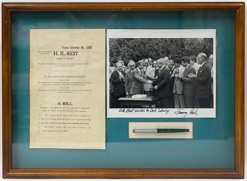 Framed Shadowbox From Jimmy Carter to Dick Schulze for House Bill HR 4537 w. Photo Signed by Carter (JSA Auction Letter)