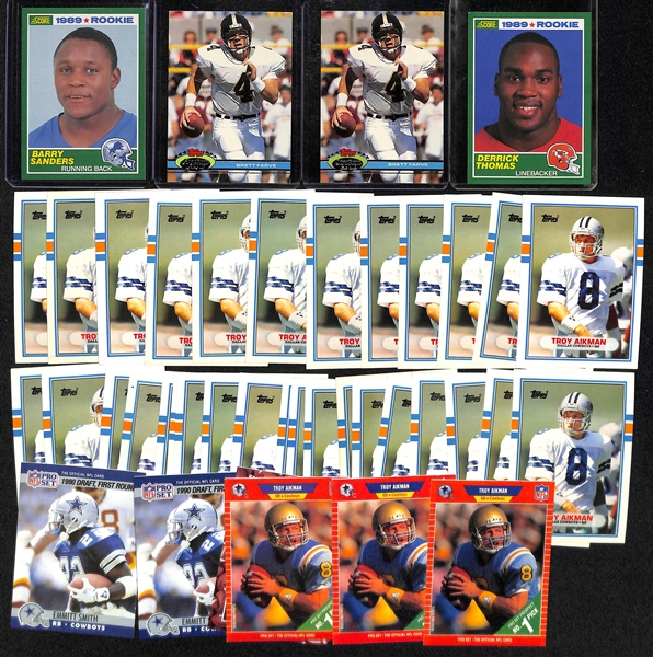 Lot of (40) Football Rookies w.  1989 Score Barry Sanders, (2) 1991 Stadium Club Brett Favre, Emmitt Smith, and Troy Aikman