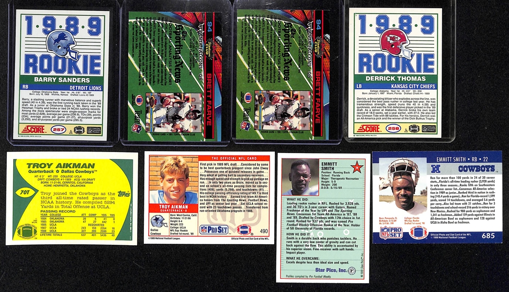 Lot of (40) Football Rookies w.  1989 Score Barry Sanders, (2) 1991 Stadium Club Brett Favre, Emmitt Smith, and Troy Aikman