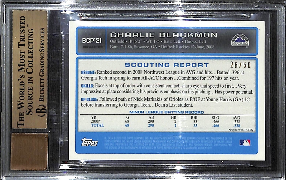 2009 Bowman Chrome Prospects Charlie Blackmon Gold Refractor #BCP121 #ed 26/50 BGS 9.5 Gem (10 Auto Grade)