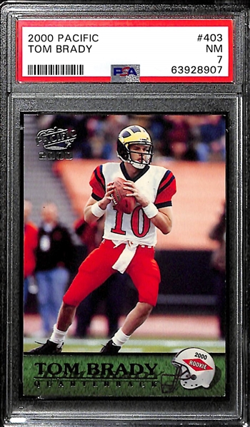 (3) Tom Brady PSA 7 Rookie Lot - 2000 Pacific #403, 2000 Score #316, 2000 Pacific Paramount #138