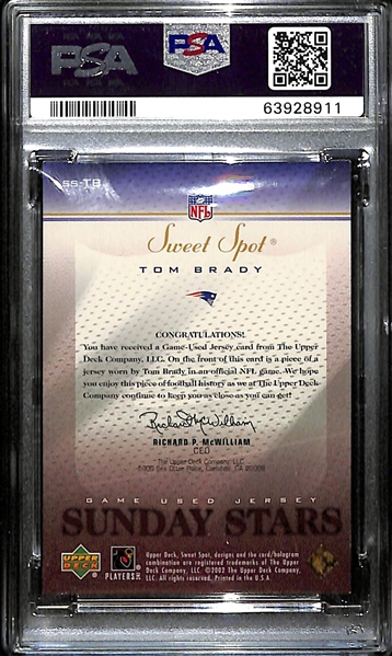 2002 Upper Deck Sweet Spot Tom Brady Sunday Stars Jersey Card (Gold Version #ed/25) PSA 7 NM
