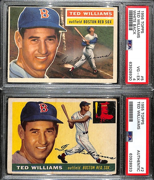Ted Williams Lot - 1955 Topps #2 (PSA Authentic) & 1956 Topps #5 White Back (PSA 4)