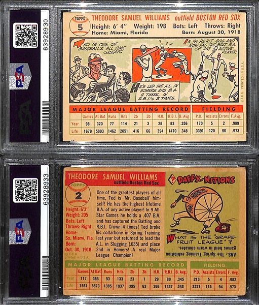 Ted Williams Lot - 1955 Topps #2 (PSA Authentic) & 1956 Topps #5 White Back (PSA 4)