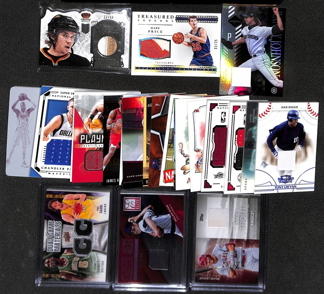 Lot of (26) Mixed Sports Patch Insert Cards w. Mike Trout, Nolan Ryan, Karl Malone,  and Others