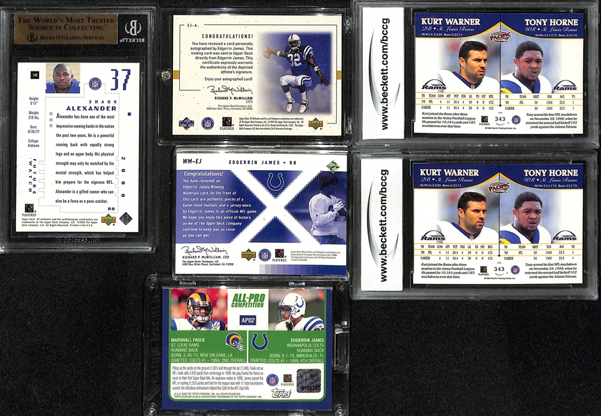(6) Football Cards w. 2000 SP Authentic Shaun Alexander BGS 9.5 Rookie (#/1250), Edgerrin James 1999 SP Player's Ink Rookie, (2) 1999 Kurt Warner Rookies, +