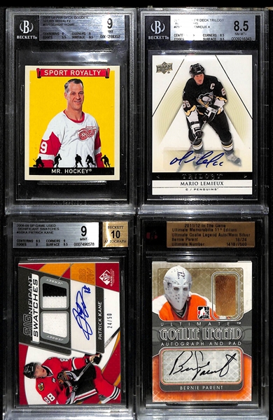 Lot of (4) Graded/Encased Autographs and Insert Hockey Cards w. Howe, Lemieux, Kane, and Parent
