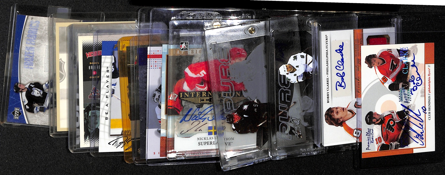 Lot of (14) Hockey Autographed and Insert Cards w. Clarke, Lidstrom, Modano, and Others