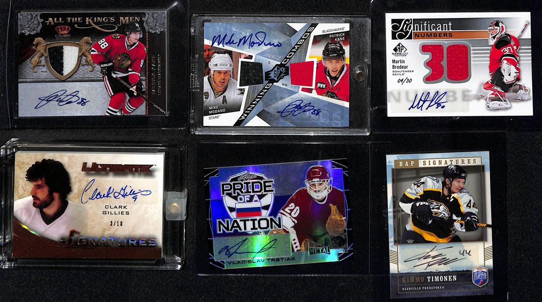 Lot of (6) Autographed Hockey Cards w. Patrick Kane, Mike Modano, Martin Brodeur and Others