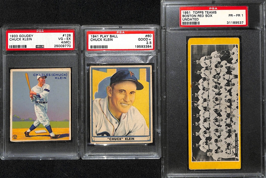 Lot of (3) PSA Graded Vintage Cards w. 1933 Goudey & 1941 Play Ball Chuck Klein, and 1951 Topps Teams Boston Red Sox