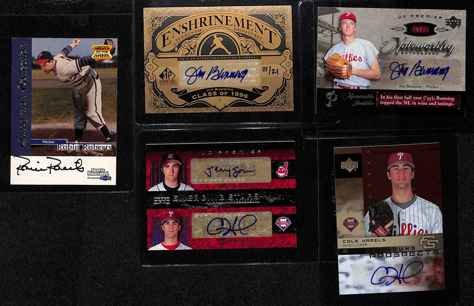 Lot of (12) Philadelphia Phillies Autographed Insert Cards w. Carlton, Roberts, Bunning, Hamels, Howard, and Others