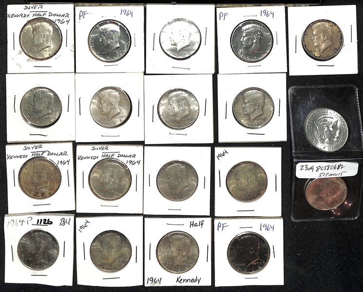 Lot of (21) 1964 Kennedy Silver Half Dollars, (38) Kennedy Clad Coins, & (1) 1992S Proof Kennedy