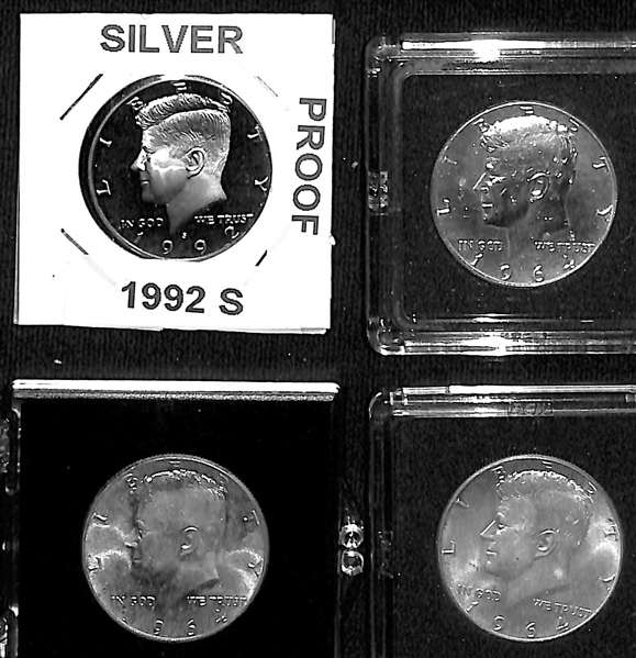 Lot of (21) 1964 Kennedy Silver Half Dollars, (38) Kennedy Clad Coins, & (1) 1992S Proof Kennedy