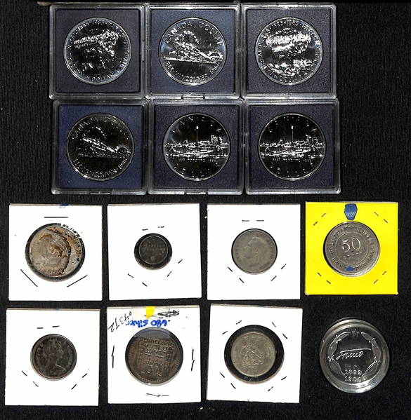  Lot of (6) 1985 Canadian National Parks Silver Dollars + (8) Additional Assorted Foreign Coinage