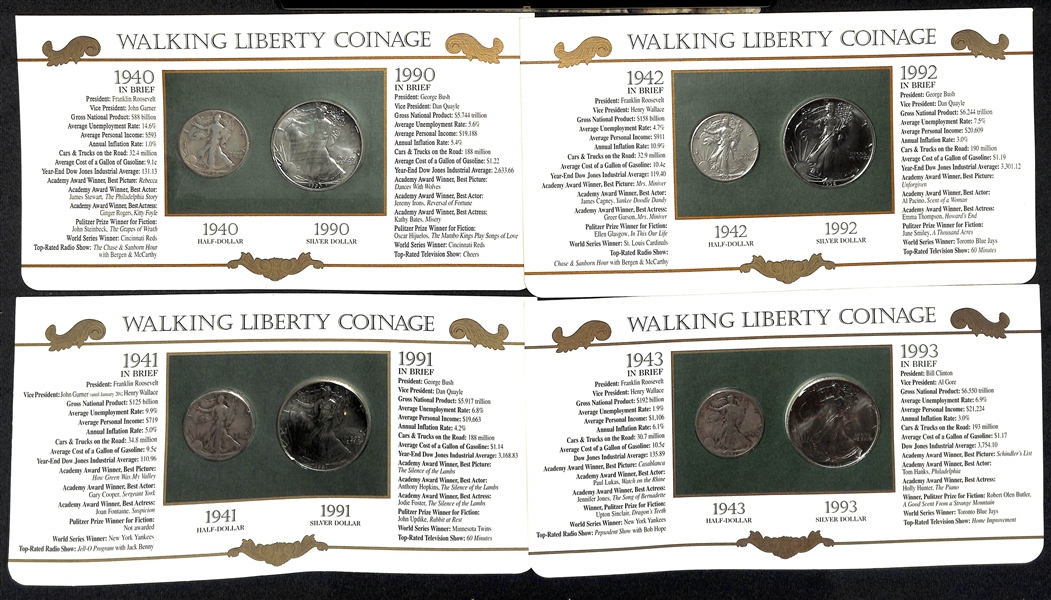 Lot of (11) Uncirculated Eagle Silver Dollars from 1986-1997 & (11) Circulated  Standing Liberty Half Dollars from 1936-1947 Affixed to Their Informational Presentation Cards