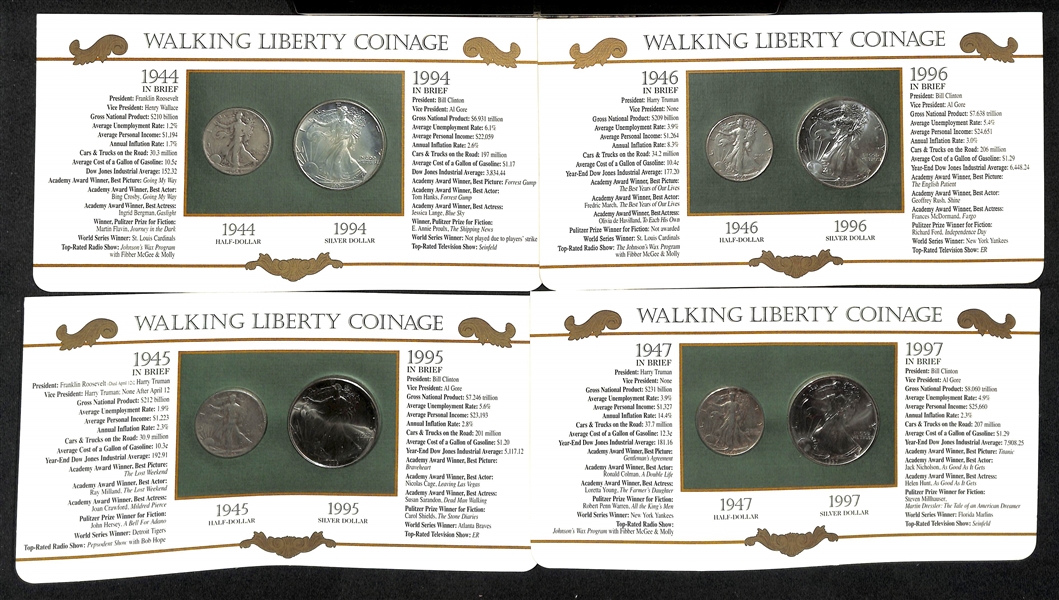 Lot of (11) Uncirculated Eagle Silver Dollars from 1986-1997 & (11) Circulated  Standing Liberty Half Dollars from 1936-1947 Affixed to Their Informational Presentation Cards
