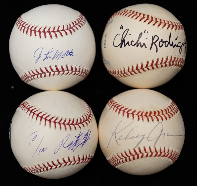 Lot of (4) Signed Mixed Sport an Celebrity Baseballs w. Kelsey Grammar, Jake LaMotta, an Others (JSA Auction Letter)
