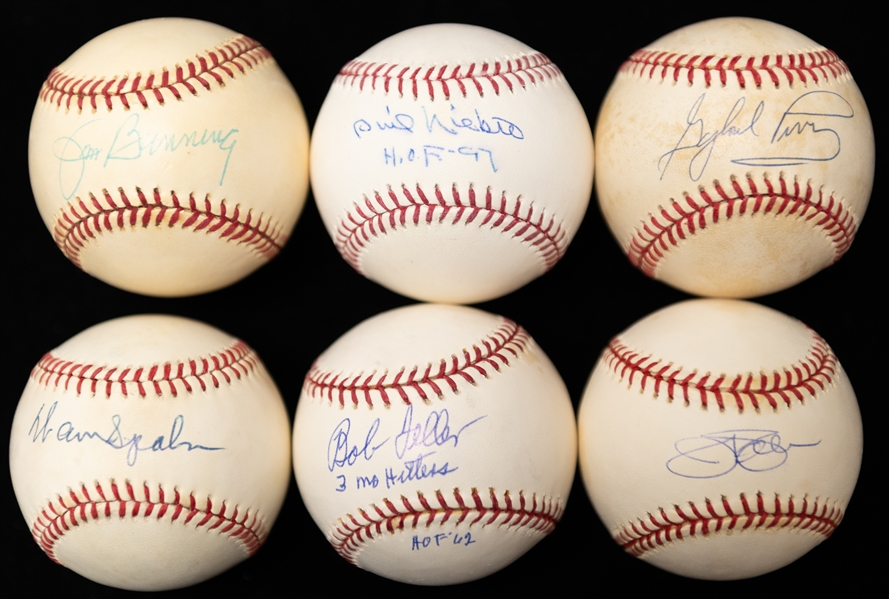 Lot of (6) Autographed Baseball HOF w. Spahn, Perry, Neikro, Feller, Bunning, and Palmer (JSA Auction Letter)